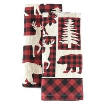 Lodge Kitchen Towel Bear Moose Pine Tree Red Black Buffalo Check Cotton 2-Pc - £15.92 GBP