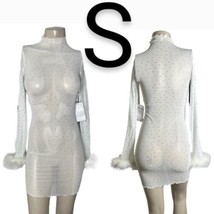 White Mesh Sparkly Gemstones Furry Wrist Trim Stretchy Bodycon Dress~Size S - £26.28 GBP