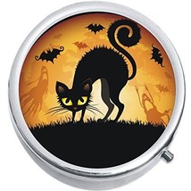 Black Cat Bats Halloween Medicine Vitamin Compact Pill Box - £7.94 GBP