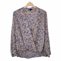 Gibson | Tan &amp; Navy Paisley Crossover Blouse with Tucked Front Hem, size... - £13.89 GBP