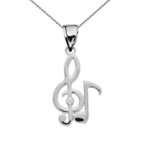 925 Sterling Silver Diamond Treble clef &amp; Eight Note Music Pendant Necklace - £21.15 GBP+
