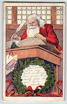 Christmas Postcard Santa Claus Book Desk Quill Pen Inkwell Wreath 1908 Vintage - £16.37 GBP