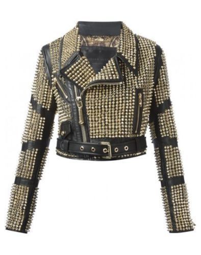 Women's Fashion Black Genuine Cropped Leather Jacket Gold Studded Slim Fit Biker
