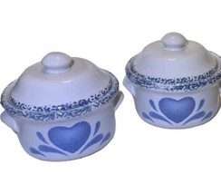 VTG Blue Heart Stoneware Covered Mini Casserole Soup Crock Handles Set Of 2 - $28.01