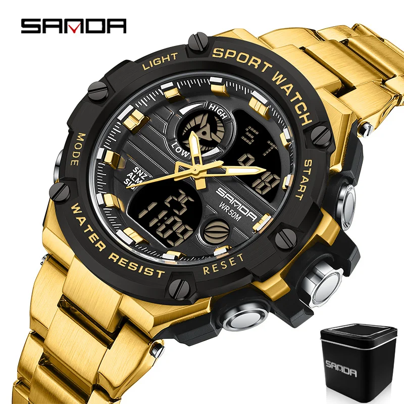 SANDA 3196 2024 New   Men&#39;s  50M Waterproof Dual Display Wristwatch Male Clock S - £102.97 GBP