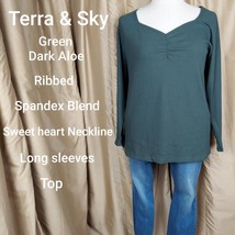 New Terra &amp; Sky Green Dark Aloe Spandex Blend Ribbed Long Sleeves Sweet Heart... - £11.00 GBP