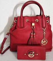 MICHAEL KORS CAMDEN LARGE RED LEATHER GOLD SATCHEL BAG+/OR RED WALLETNWT! - £103.02 GBP+