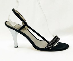 Calvin Klein Sandals Strappy Black Satin Rhinestones Silver Heels size 8.5 - $28.02