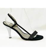 Calvin Klein Sandals Strappy Black Satin Rhinestones Silver Heels size 8.5 - $38.44 CAD