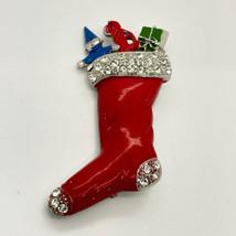 Vintage Hedy Red Clear Rhinestones Christmas Stocking Broach Pin - £7.90 GBP