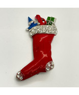 Vintage Hedy Red Clear Rhinestones Christmas Stocking Broach Pin - £7.77 GBP
