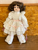 BRADLEY&#39;S Porcelain Doll 15” Brown Hair Blue Eyes Pink White Dress Pantaloons EX - £11.04 GBP
