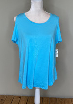 JM collection NWT women’s peekaboo shoulder t shirt size PL Blue o7 - £7.86 GBP
