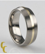 Titanium 14k Yellow Gold Wedding Band, Two Tone Beveled Edge Ring Size 8 - £92.79 GBP