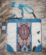 Myra #8932 Leather, Hairon, Rug, Canvas 11&quot;x10.5&quot; Crossbody Bag~Pockets~Blue~ - £28.84 GBP