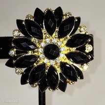 Black Crystal Floral Rhinestone 3D Layered Brooch Pin Clip - £14.09 GBP