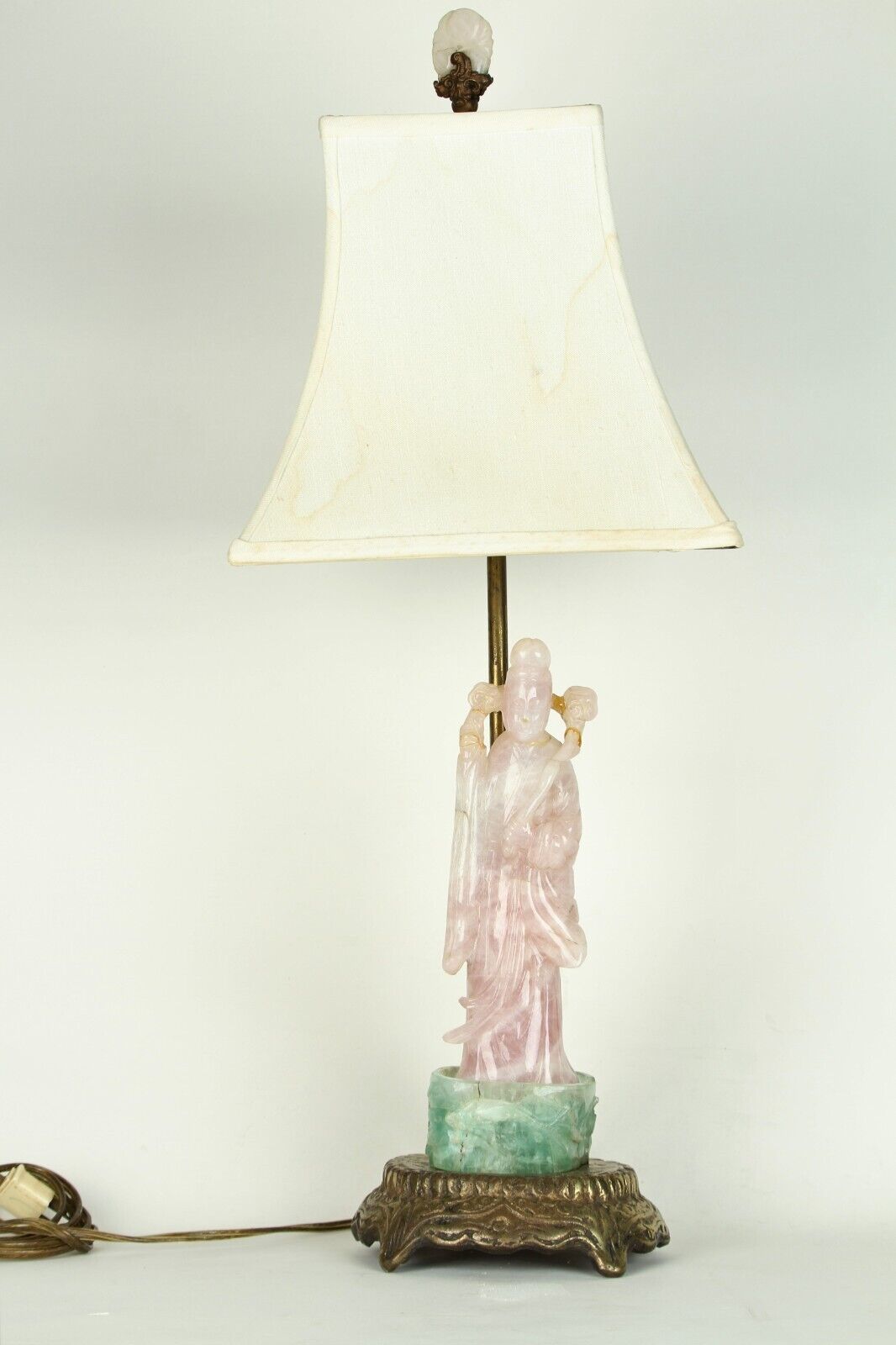 Guanyin Table Lampe 20th Siècle Chinois Sculpté Rose Quartz Et Vert Fluo... - £465.47 GBP