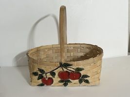 Vintage Woven Wicker Picnic Basket with Apple and Leaves Pattern Fruit P... - $22.77