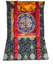 HAND-PAINTED KALACHAKRA MANDALA TIBETAN THANGKA  PAINTING WITH SILK BROCADE - $141.51