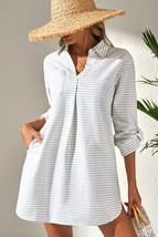 White Stripe Collared V Neck Chest Pocket Long Sleeve Beach Cover up - $21.96