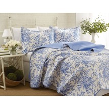 King size 100-Percent Cotton Quilt Bedspread Set with Blue White Floral Leaves  - £165.92 GBP