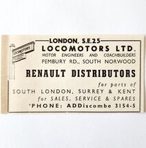 1954 Locomotors Renault London Dealership Advertisement Automobilia E89F3 - $13.84 CAD