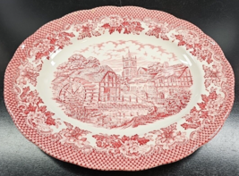 Ravensdale Pottery Red Oval Serving Platter Floral Scallop Village Scene... - $29.67