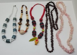 5 Vtg Wood &amp; Seashell Tropical Fashion Beaded Necklace lot Handmade Layered Boho - $33.85