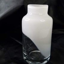 Opaque White Clear Fused Glass 6&quot; Vase Thick Leaded Two Tone Color Block Swirl - £23.73 GBP