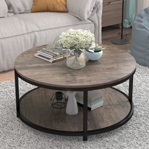 Nsdirect 36-Inch Round Industrial Sofa Table With Storage Open Shelf, Rustic - £139.13 GBP