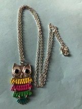 Long Silvertone Chain w Jointed Yellow Pink Green &amp; Blue Enamel OWL Pendant Neck - £9.07 GBP