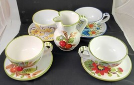 9 Piece Doni Italy 4 Mugs + Saucers Plus Pitcher, Numbered Art Pottery Ceramic - £121.25 GBP
