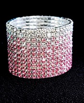 Rhinestone Bracelet Stretch, Pink 12 Row Bracelet, Crystal Pageant Prom Jewelry, - £30.35 GBP