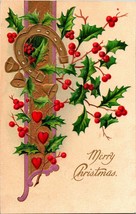 Vtg Cartolina 1910s Non Usato - Merry Christmas Agrifoglio Ferro Goffrato Cuori - £5.28 GBP
