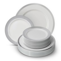 : 60 Premium Silver Rimmed Plastic Plates Set | 30 Dinner And 30 Salad/Dessert P - £32.76 GBP