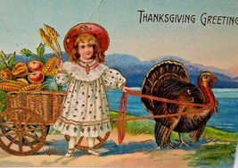 Thanksgiving Postcard Germany Victorian Girl Turkey Wagon Fantasy Gel Gold B11 - £13.29 GBP