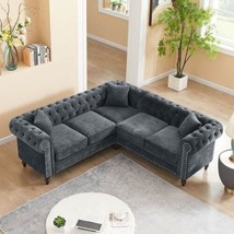 Mons Grey Classic Chesterfield L-shaped Sofa Upholstered in Velvet Fabric - £971.58 GBP