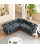 Mons Grey Classic Chesterfield L-shaped Sofa Upholstered in Velvet Fabric - £972.25 GBP