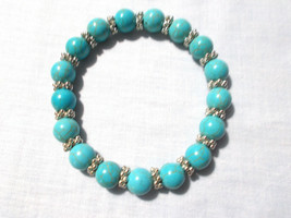 Turquoise Blue Howlite Beads With Bali Bead Spacers Stretch Bracelet 7.5 - 8.5&quot; - £3.97 GBP