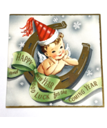 Vintage New Years Greeting Card 1940&#39;s Baby Horseshoe Lucky MCM Whit USA... - $16.00