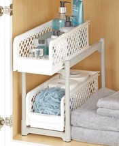 2-Tier Sliding Bathroom Storage Shelf White Organize Under Cabinet Space-Saving - £23.97 GBP