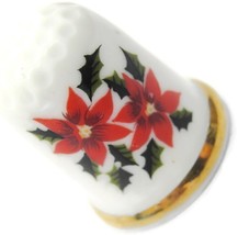 Poinsettia Enesco Japan Gold Trimmed Band On White Porcelain Thimble - $16.82