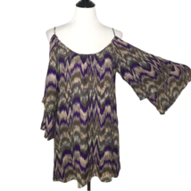 Parker Cold Shoulder Mini Short Dress Chevron Print Silk Bell Sleeves Size L - £24.59 GBP