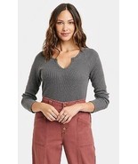 Women&#39;s Small Long Sleeve Notch Neck Thermal  Waffle Weave Top, Dark Grey - $20.61 CAD