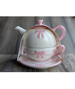 Bluebird & Willow Studio Pink Bow Coquette Teapot, Cup, & Saucer Set Of 3 NEW UK - $32.26