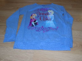 Size Large 10-12 Disney Frozen Anna &amp; Elsa Blue Long Sleeve Raglan Shirt Top - £12.54 GBP