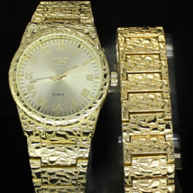 Men&#39;s Watch Bracelet Set Nugget Techno Pave Hip Hop CZ Gold Plated Metal... - £37.27 GBP