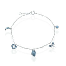 Sterling Silver Turquoise Crescent Heart Hamsa and Dragonfly Charms Bracelet - £41.09 GBP