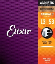 Elixir Phosphor Bronze Acoustic Guitar Strings NANOWEB HD Light .013-.053 - $39.99