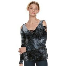 Rock &amp; Republic Black Ash Velvet Strappy Cold-Shoulder Top  - Small S - £43.46 GBP